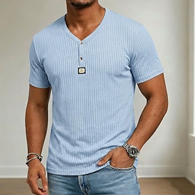 Per uomo Maglietta Maglietta a Maglia a Coste Maniche Corte Scollo a V Henley Estate Semplice Striscia di Fossa Moda Designer Essenziale Puro Casuale 