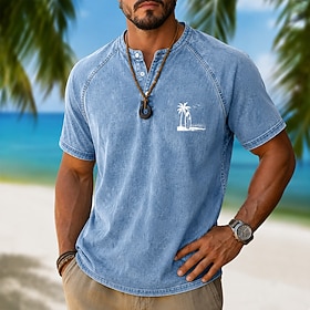 Men's Henley Shirt Short Sleeve Plain Surfboard Retro Vintage Casual Vintage Style Garment Dyed Faded Henley Casual Spring  Summer Summer All Seasons Black Gra