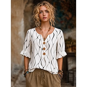 Women's Shirt Patchwork Buttons Print Floral Graphic Vintage Stylish Short Sleeve 3/4 Length Sleeve V Neck Long Tops Casual Daily Holiday Blue White Purple Gre