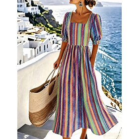 Women's Midi Dress A Line Dress Vacation Casual Beach Holiday Regular Fit Graphic Geometric Short Sleeve Square Neck Blue Light Green Green Summer Spring