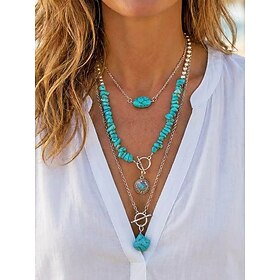 Women's Turquoise Layered Necklace Set, Natural Stone Boho Jewelry with Silver Alloy Chain, Summer Fashion Gift for Mature Women, Beach, Resort, Garden Party,