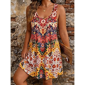 Women's Knee Length Dress A Line Dress Vacation Casual Beach Holiday Regular Fit Graphic Geometric Sleeveless U Neck Blue Purple Orange Summer Spring