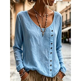 Women's Shirt Blouse Buttons Solid Color Daily Stylish Casual Long Sleeve Crew Neck Regular Tops Casual yellow-green Black White Navy Blue Sky Blue Summer Spri