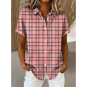 Women's Shirt Buttons Print Graphic Plaid Striped Vintage Daily Stylish Short Sleeve Shirt Collar Long Tops Casual Daily Blue Pink Orange Green Summer Spring
