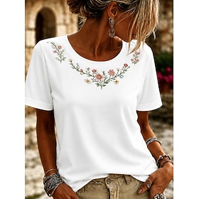 Women's 100% Cotton T Shirt Embroidered Floral Graphic Plants Vintage Stylish Casual Short Sleeve Crew Neck Regular Tops Casual Daily Weekend White Pink Summer