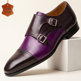 Men's Purple Double Monk Strap Dress Shoes, Pointed Toe Formal Shoes, Elegant Business Party Shoes for Wedding, Office, Banquet