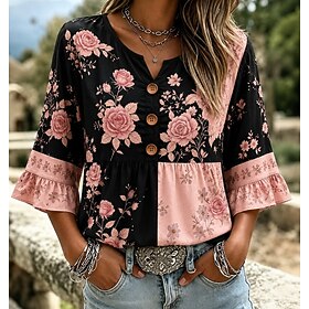 Women's Shirt Patchwork Buttons Print Ombre Floral Graphic Vintage Stylish Long Sleeve V Neck Regular Tops Casual Daily Holiday Black Summer Spring