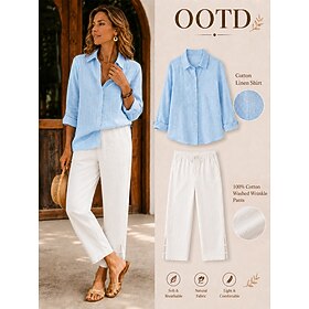Women's 100% Cotton Chinos Summer Pants Vacation Streetwear Basic Full Length Medium Waist Plain Pocket Elastic Waist Comfy Comfort Inelastic Daily Outdoor Vac