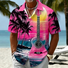 Men's Guitar Coconut Palm Tropical Plants Summer Hawaiian Shirt Tropical Shirts Aloha Shirt Short Sleeve Hawaiian Daily Beach Vacation Wear Summer Spring Turnd