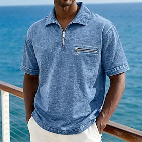 DenimTone™ Men's Acid Wash Shirt Golf Shirt Casual Work Lapel Quarter Zip Short Sleeve Fashion Basic Solid Color Zipper Zipper Pocket Summer Spring Spring   Fa