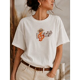 Women's Embroidered 100% Cotton Music T Shirt Summer Tops Elegant Vintage Fashion Short Sleeve Crew Neck Round Neck Regular Tops Casual Daily Beach White Summe
