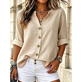 Per donna Camicie di cotone e lino Blusa Bottoni Tinta unica Semplice Quotidiano Casual Manica Lunga Manica 3/4 Scollo a V Top lunghi Casuale Quotidia