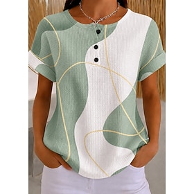 Women's Waffle Textured Knit Tops T Shirt Ombre Graphic Geometry Stylish Classic Short Sleeve Crew Neck Henley Regular Tops Daily Sports Black and White Light