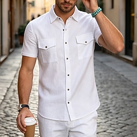 Men's Shirt Linen Shirt Summer Shirt Beach Shirt Button Up Shirt Plain Casual Outdoor White Black Yellow Sky Blue Short Sleeve Turndown Spring  Summer Clothing