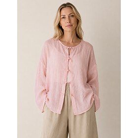 Women's 100% Linen Long Sleeve Blouse Button Down Crew Neck Regular Fit Vintage Holiday Black Pink Red Green Summer Spring