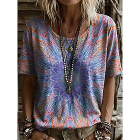 Women's T Shirt Print Graphic Paisley Mandala Stylish Classic Casual Short Sleeve V Neck Regular Tops Casual Daily Purple / Blue Light Brown Purple Summer Spri