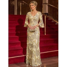 Sheath Column Dress Floor Length Mother of the Bride Dress 3/4 Length Sleeve V Neck Elegant Vintage Luxurious Formal Wedding Guest Engagement Party Sequined wi