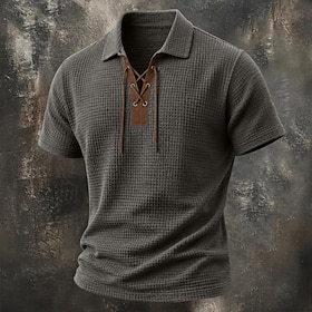 Men's Waffle Henley Shirt Tee Top Short Sleeve Turndown Lace Up Neck Buttons Summer Spring All Seasons Solid Color Vintage Fashion Designer Casual Daily Outdoo