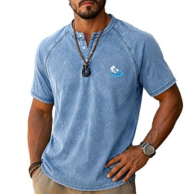 Men's Vintage Washed Short Sleeve Henley Shirt, Casual Retro Tee, Summer-to-Fall Top