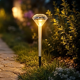 1 PC Solar Pathway Lights LED Solar Diamond Stake Lights for Wedding Outdoor Solar Powered Garden Lights Waterproof LED Path Lights for Patio Lawn White Warm C