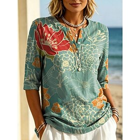 Women's T Shirt Print Floral Graphic Plants Vintage Stylish Classic Short Sleeve Crew Neck Regular Tops Casual Daily Weekend Blue Light Beige Yellow Green Summ