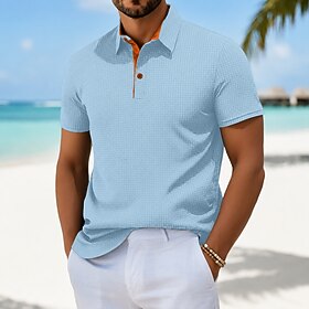 Men's Cooling Ice Silk Seersucker Polo Shirts Textured Casual Vacation Turndown Short Sleeve Fashion Basic Plain Lightweight Buttons Spring Summer Black White