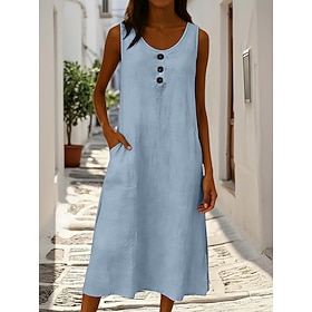 Women's Midi Dress Shift Dress Elegant Fashion Daily Outdoor Vacation Loose Fit Plain Sleeveless Crew Neck Blue White Yellow Pink Summer