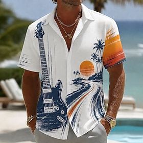Men's Guitar Coconut Palm Tropical Plants Summer Hawaiian Shirt Tropical Shirts Aloha Shirt Short Sleeve Hawaiian Daily Beach Vacation Wear Summer Spring Turnd