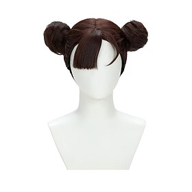 Brown Double Bun Cosplay Wig with Bangs – Fighting Girl Costume Hairpiece