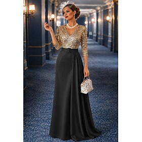 A-Line Floor Length Ball Gown with Cape Evening Gown Elegant Glittering Silky 3/4 Length Sleeve V Neck Wedding Formal Satin Sequined with Glitter Pleats Sequin
