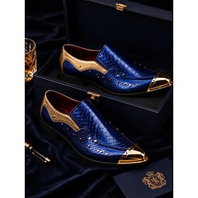 Men's Blue Statement Dress Shoes - Croc-Embossed Pointed-Toe Formal Footwear - Fashion Gentleman Shoes for Parties, Banquets, Weddings and Evening Events