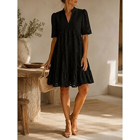 Women's Knee Length Dress Cut Out Dress Elegant Daily Loose Fit Pure Color Short Sleeve V Neck White Light Blue Black Pink Summer