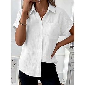 Women's Shirt Ruched Texture Pocket Plain Fashion Casual Short Sleeve Regular Tops Daily Outdoor Vacation Wear White Sage Green Black Dusty Rose Navy Blue Summ