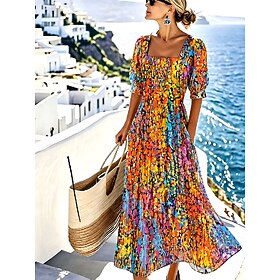 Women's Midi Dress A Line Dress Vacation Casual Beach Beach Holiday Regular Fit Ombre Graphic Short Sleeve Square Neck Blue Orange Summer Spring