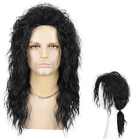 Long Black Curly Wig for Men 70s 80s Retro Rock Star Pop Singer Cosplay Wigs Middle Part Shoulder Length Wig for Costume Halloween Party Daily Use Stage Perfor