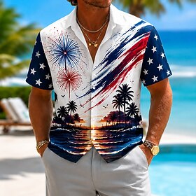 2026 250th Men's American Flag Shirt Summer Shirt Button Up Shirt Short Sleeve Patriotic Outdoor Festival Summer Spring Turndown 3D Print Collared Shirts Blue