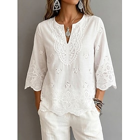 Per donna Top traforato Blusa Top in pizzo Pizzo Traforato Semplice Elegante Moderno Manica 3/4 Scollo a V Top lunghi Casuale Quotidiano Ferie Bianco 