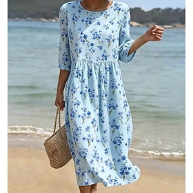 Per donna Abito Midi Abito a Tubino Vestito Estivo Vacanza Casual Spiaggia Uscire Vestibilità regolare Floreale Grafico Manica 3/4 Girocollo Blu Viola