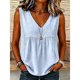 Per donna Camicia Camicie di cotone e lino Tinta unica Semplice Bohemien Vintage Moda Senza Maniche Scollo a V Top lunghi Casuale Blu Bianco Giallo Ro