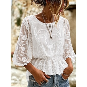 Women's Shirt Lace Shirt Blouse Lace Embroidered Solid Color Floral Graphic Elegant Stylish Casual Half Sleeve Batwing Sleeve Crew Neck Regular Tops Casual Dai