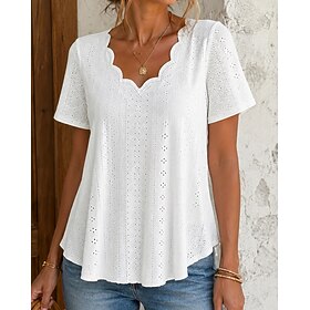 Women's Eyelet Top Summer Tops Eyelet Plain Vintage Fashion Casual Short Sleeve V Neck Long Tops Casual Daily Going out Blue White Black Yellow Pink Summer Spr