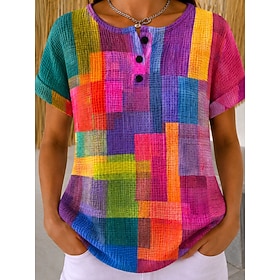 Women's T Shirt Color Block Print Graphic Geometric Plaid Vintage Stylish Classic Short Sleeve Crew Neck Regular Tops Casual Daily Yellow Pink Green Summer Spr