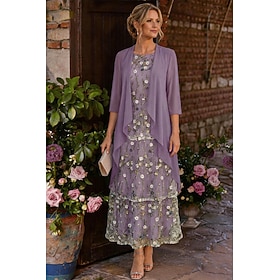 Two Piece A-Line Ankle Length Mother of the Bride Dress 3/4 Length Sleeve Crew Neck Elegant Simple Luxurious Formal Wedding Guest Chiffon Lace Jacket Dresses w
