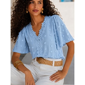 Per donna Camicia Top traforato Camicia Boho Camicia di Pizzo Bordo in pizzo Elegante Bohemien Attivo Manica Corta Scollo a V Top Regolari Casuale Quo