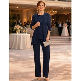 Pantsuit Ankle Length Mother of the Bride Dress Half Sleeve Crew Neck Elegant Vintage Formal Wedding Guest with Solid Color