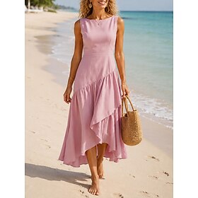 Women's Maxi Dress Peplum Dresses Vintage Vacation Regular Fit Pure Color Sleeveless Crew Neck Ivory white Light taro purple Black Olive Green Summer