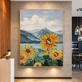 Quadri su tela fatti a mano con girasoli estivi, poster floreali gialli e marroni, decorazioni in stile costiero per soggiorno e camera da letto.