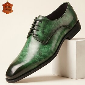 Men's Genuine Leather Dark Green Dress Shoes, Premium Luxury Oxford for Business, Formal Events Upscale Social Wear