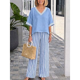 Women's Two Piece Matching Set Striped V Neck Contrast Trim Short Sleeve Top Vertical Stripe High Waist Wide Leg Palazzo Pants Summer Beach Casual Co Ord Outfi