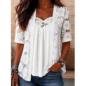 Women's Shirt Eyelet Top Boho Shirt Lace Shirt Lace Ombre Floral Graphic Elegant Bohemia Vacation Short Sleeve V Neck Crop Tops Casual White Summer Spring